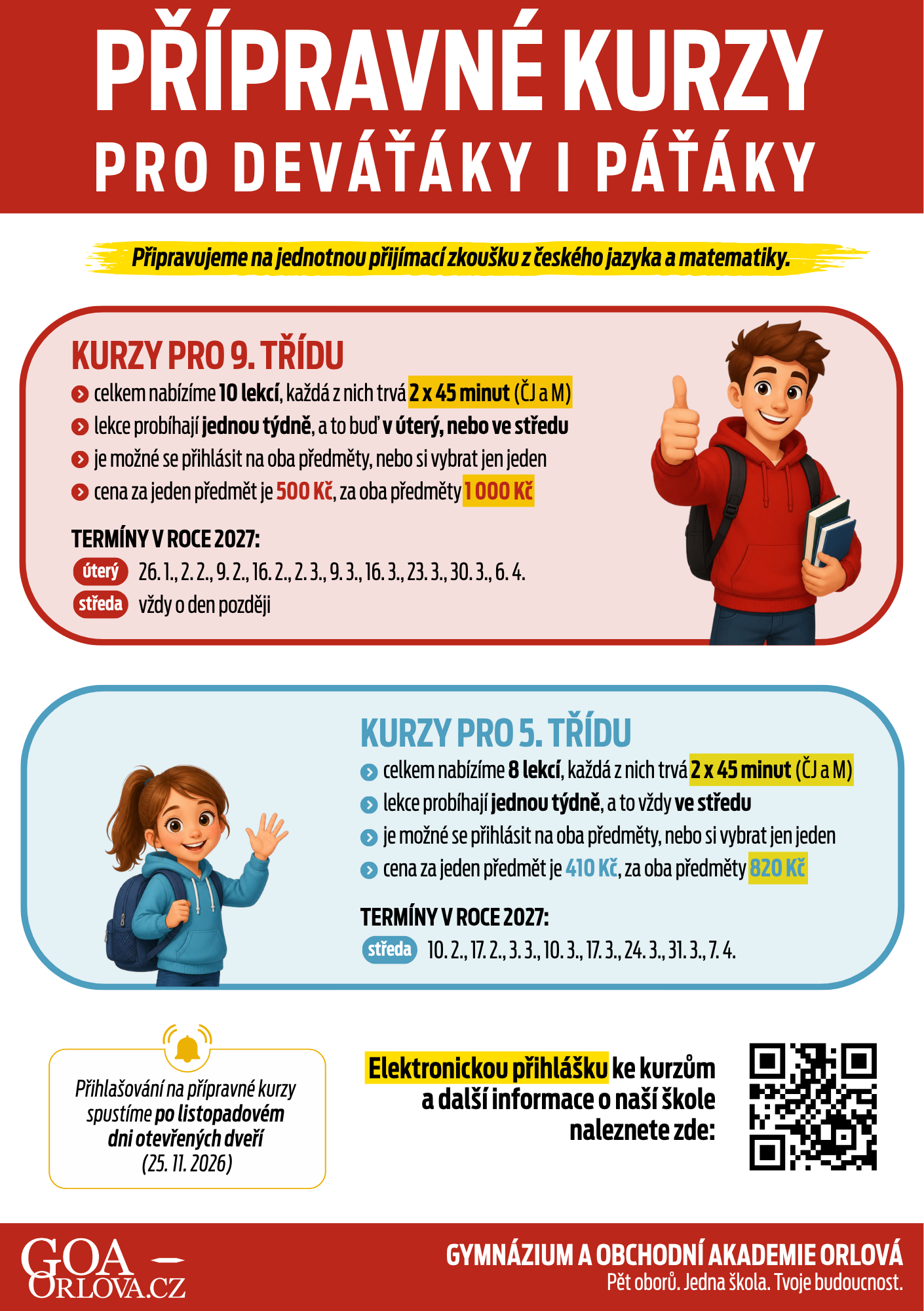 Leták přípravných kurzů pro deváťáky i páťáky s termíny lekcí a cenami